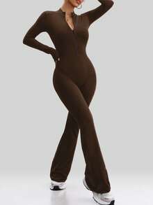 Aaseow 女士连体裤 长袖瑜伽修身弹力连体衣 健身女式黑色基础运动服 紧身拉链 - 棕色 - 查看 4