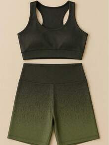 Women's Fitness Gym Set: Shorts + High-Waisted Gradient Top - Premium - 軍綠色 - 查看 1