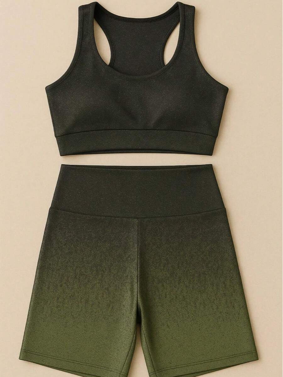 Women's Fitness Gym Set: Shorts + High-Waisted Gradient Top - Premium - 軍綠色 - 查看 1