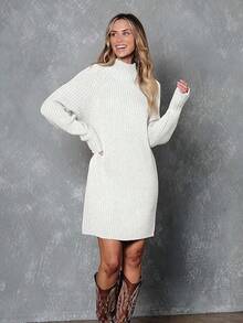 2026 Women's Casual Knit Dress Sweater Dresses For Women  Fall Fashion Mock Neck Long Lantern Sleeve Oversized Outfits Knit Tops Clothes ​ , Bodycon Long Sleeve ​ For Sports Outdoor Wear, Loose Fit Long Sleeve Comfy Daily Outfits For Women - 白色 - 查看 2