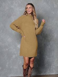 2026 Women's Casual Knit Dress Sweater Dresses For Women  Fall Fashion Mock Neck Long Lantern Sleeve Oversized Outfits Knit Tops Clothes ​ , Bodycon Long Sleeve ​ For Sports Outdoor Wear, Loose Fit Long Sleeve Comfy Daily Outfits For Women - 深杏色 - 查看 2