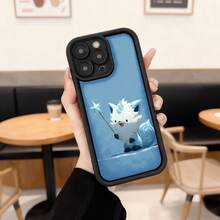 Cubierta de telefono con borde negro azul claro con estampado de gato blanco magico con varita estrella para uso diario en cafeterias y espacios urbanos Aplicable a los teléfonos de la serie Apple y Galaxy - Blanco - Ver 3