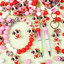 30 piezas de cuentas de silicona con forma de corazón 3D de vaca, cuentas poligonales + cuentas redondas impresas + cuentas planas, diseño de moda, adecuado para la fabricación de joyas, perfecto para pulseras DIY, cordones, accesorios para bolígrafos, decoraciones para fiestas de vacaciones, llaveros y otras manualidades - un regalo ideal para el Día de San Valentín - Multicolor - Ver 8