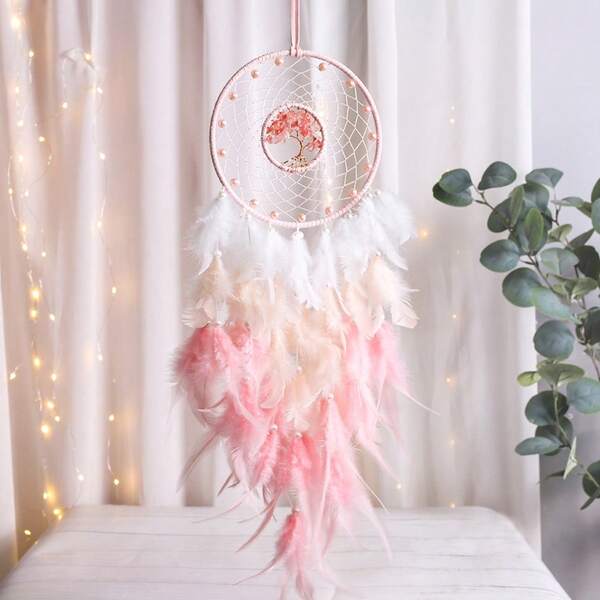 1PC Pink Girly Heart Dream Catcher Feather Ornament Tree Of Life Wind Chime Gravel Home Decorative Pendant,Home Decor ,Room Decor,Wall Decor Gifts Birthday Graduation