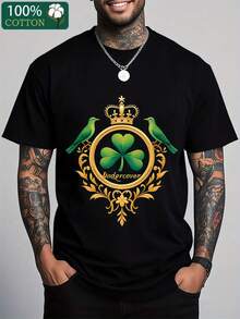 Men's 100% Cotton T-Shirt With Clover, Crown And Birds – Clover Print, Soft And Breathable, Casual Fashion, Beige Design With Green Leaf, Perfect For Casual Wear Or Gifts - 黑色 - 查看 5