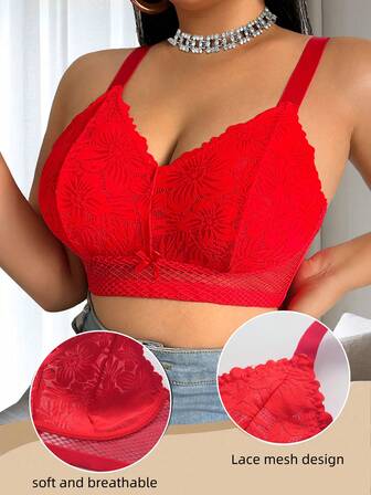 Lace Patchwork Wireless Bra For Women, Comfortable Casual Sports Bra With Breathable Backless Design