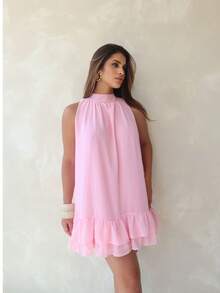 Sleeveless Short Chiffon Dress With High Neck, Ruffled Hem, And Lining - Elegant, Luxurious Party Dress - Baby Pink - View 3