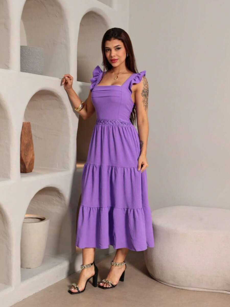 Luxury Midi Dress, Duna Brand, Plain With Ruffled Sleeves And Lace At The Waist. - Màu Lilac Tím - Xem 1