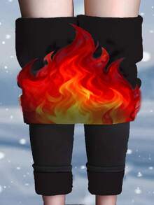 女士保暖加厚高腰紧身裤，冬季运动保暖加厚紧身裤柔软瑜伽裤，女装 - 黑色 - 查看 4