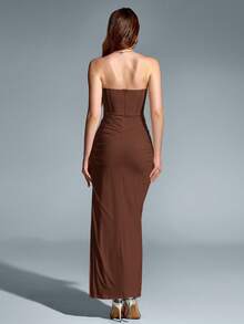 PARTHEA Thigh Split Ruched Mesh Bodycon Dress Wedding - Brown - View 3