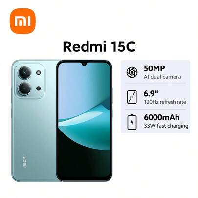 Xiaomi 小米 Redmi 15C 全球版智能手机，配备 6000mAh（典型值）大容量电池，纤薄精致的 7.99mm 机身，IP64 级防尘防水，沉浸式 6.9 英寸屏幕，最高支持 120Hz 高刷新率，支持 33W 快充，31 分钟即可充电至 50%，搭载强劲的八核处理器，最高 16GB 运行内存，支持内存扩展，5000 万像素 AI 双摄系统，清晰捕捉精彩瞬间。