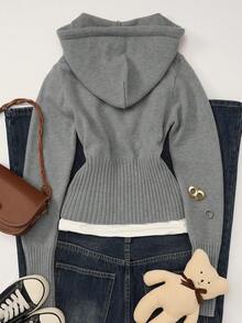 Women's Casual Cute Short Zip-Up Hooded Fitted Knit Cardigan, Long Sleeve Daily Commute Versatile Knit Jacket, Autumn/Winter Street Style Y2K - Grey - View 5