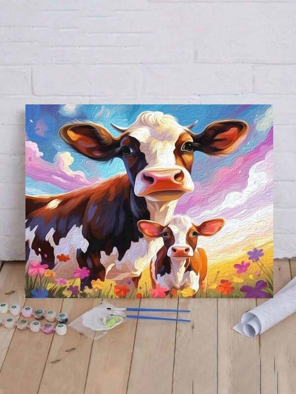DIY Paint-By-Numbers Cow Kit - Large 40x50cm" Canvas, Acrylic Paints & Brushes Included, Easy Home Decor Art Project, Handpainted, Wall Arts, Without Frame