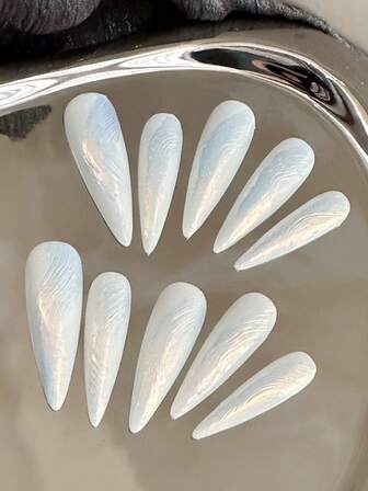 1 set (10 st) 1,3 tum/33 mm långa stiletto vita Aurora-randiga handgjorda naglar för bröllop, för lösnaglar för bruden, press-on-naglar för fest.