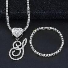 1 Set Women's Elegant Heart & Letter Pendant Necklace With Single Row Rhinestones, Matching Single Row Rhinestone Bracelet, Suitable For Daily Wear, Parties And Events, Versatile Jewelry Set - Fashionable Heart Letter Pendant Necklace - View 27