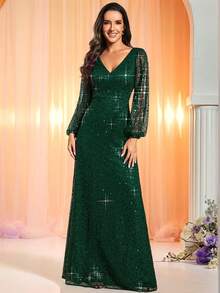 EVERPRETTY Elegant Sequin Lantern Sleeve Deep V-Neck Green Evening Gown, Suitable For Weddings, Autumn/Winter - Dark Green - View 7