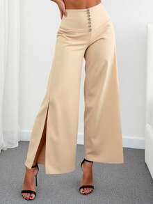 Women's Solid Color Pocket Slit High Slit Casual Office Pants - Apricot - View 3