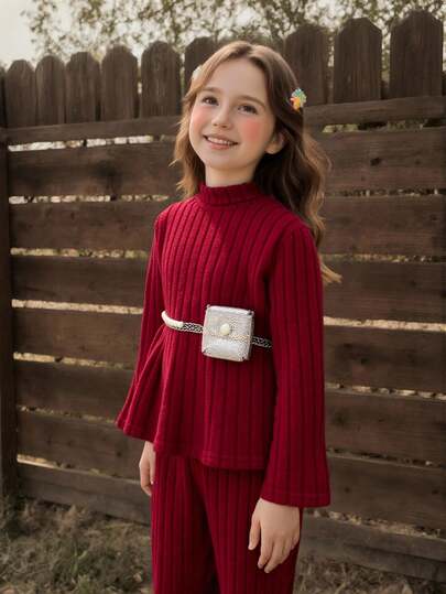 2pcs/Set Girls' Turtleneck Top And Flared Pants, Warm Outfit For Autumn/Winter