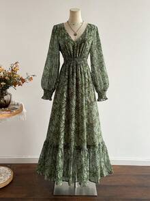 Rusttydustty 波西米亚风印花雪纺连衣裙，休闲自然复古印花长裙，可爱风，西部风，乡村风，旅行装，新年装，情人节连衣裙 - 綠色 - 查看 4