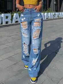 Women's Destroyed Straight Leg Jeans - Heavy Distressed Denim With Oversized Rips, Relaxed Fit For Urban Street Style - Rửa nhẹ - Xem 5