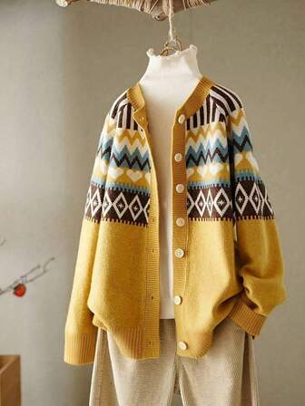 Heart Pattern Knitted Cardigan, Casual Button Front Long Sleeve Cardigan For , Women's