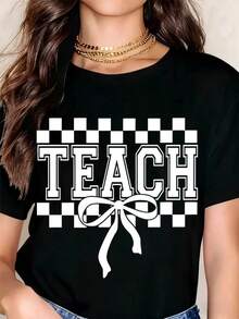 Teach Checkerboard Bow T Shirt For Women Teacher Gift Black Cotton Crewneck Top Casual Wear Educational Apparel School Spirit Fashion Statement - 黑色 - 查看 1