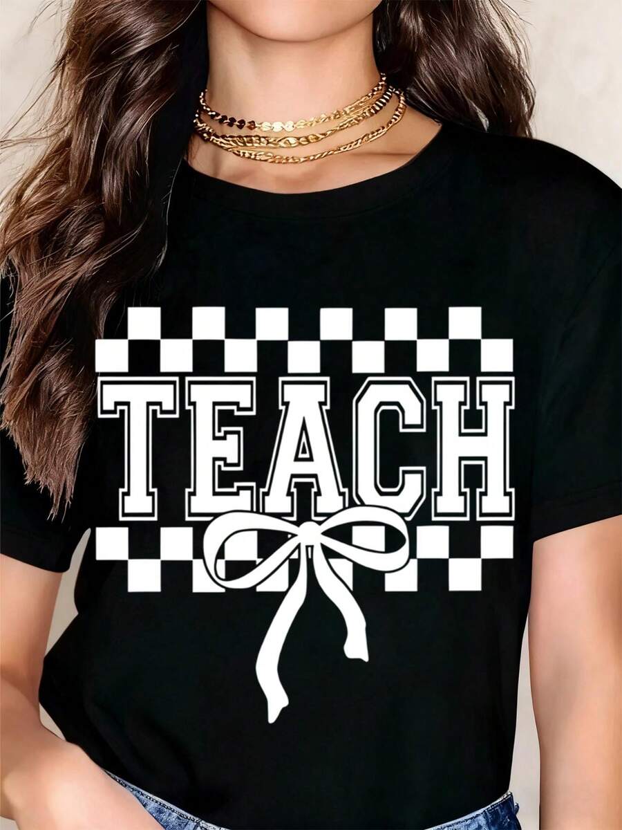 Teach Checkerboard Bow T Shirt For Women Teacher Gift Black Cotton Crewneck Top Casual Wear Educational Apparel School Spirit Fashion Statement - 黑色 - 查看 1