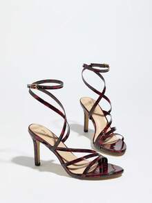 Women's Peep Toe Metallic Strap Stiletto High Heel Sandals, Sexy & Fashionable For Party, Burgundy,Spring Summer Outfits - Burgundy - View 8