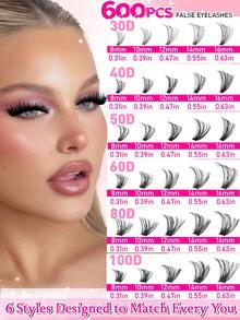 Estuche de 4 piezas para pestañas: Libro de pestañas, cepillo de pestañas, pinzas, pegamento, pestañas postizas de visón falso 30D/40D/50D/60D/80D/100D, rizado D, longitud mixta 8-16mm, 600 racimos/caja, naturales y esponjosas, con escualeno vegetal, reutilizables, adecuado para principiantes en extensión de pestañas DIY - Negro - Ver 5