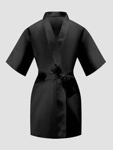 少女交叉短袖休闲家居服睡袍，黑色 - 黑色 - 查看 3