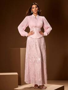 两件套女士Polo领连衣裙套装，包括饰有刺绣亮片的褶裥裙和高腰长袖上衣，适合婚礼、宴会、派对等各种场合，春季穿着。 - 淺粉色 - 查看 3