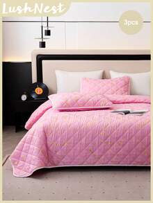 3pcs Pink Hot Stamping Marble Bed Cover Kit (1 Bed Cover+2 Pillowcases Without Core) Daily Soft And Skin Friendly Indoor Bedroom Master Bedroom Guest Bedroom Secondary Bedroom All Year Round Universal