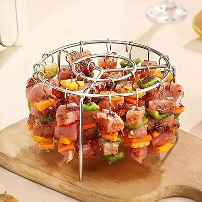 Bộ 1 vỉ nướng + xiên nướng bằng thép không gỉ, bộ dụng cụ nướng BBQ, bộ vỉ nướng dùng cho nồi chiên không dầu, vỉ nướng tròn bằng thép không gỉ, nồi chiên không dầu, lò nướng, vỉ nướng, xiên nướng, dụng cụ nhà bếp, nấu nướng, thích hợp cho thịt, cá, rau củ, trái cây, tiệc tùng, họp mặt, quà tặng.