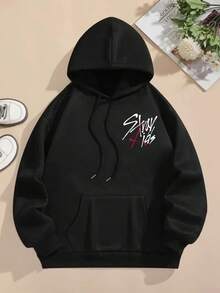 Stray Cats Print Hoodie, Front And Back Panels, Drawstring Casual Hoodie, Suitable For Winter And Fall, Women's Clothing,Women's Winter Clothes,Conjunto De Dos Piezas Mujer,Valentine Outfits For Women - 黑色 - 查看 2