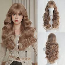 NAMM باروكة طويلة جداً ذهبية اللون مموجة بطول 28 بوصة للنساء، باروكة مجعدة مموجة فضفاضة مع غرة، من ألياف صناعية كاملة، باروكة أزياء للارتداء اليومي في المكتب وحفلات الموسيقى والاحتفالات والتنكر، إكسسوارات هدية للفتيات