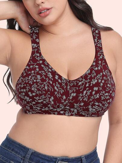 1件装女士全罩杯无钢圈碎花柔软文胸，舒适大码文胸，适合日常穿着和睡衣