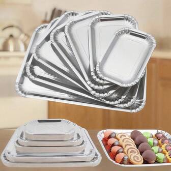 10个银色蛋糕托盘，长方形饼干托盘，厚纸板材质，防油蛋糕底托，优雅甜点桌托盘，纸杯蛋糕展示盘，蛋糕装饰，生日派对婚礼适用