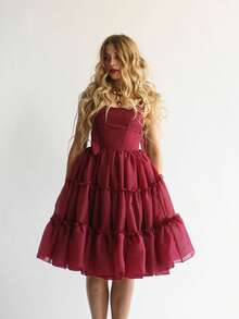 Womens Party Tutu Dress Stylish Solid Ruffled Trim Tie Back Sleeveless Tie-Shoulder Midi A-Line Dress - Burgundy - View 6