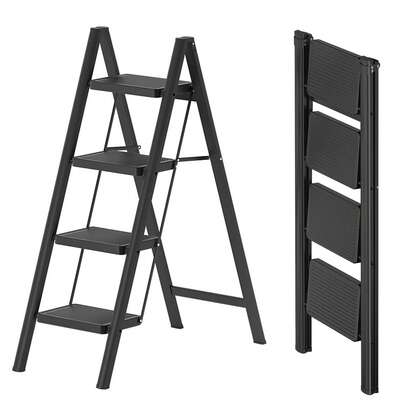 SIDIANBAN 4-Tier Foldable Step Ladder – 150kg Capacity Heavy Duty Stepladder – Compact 90cm Kitchen/Closet Ladder With Anti-Slip Wide Pedals – Lightweight Black Design For Home Use