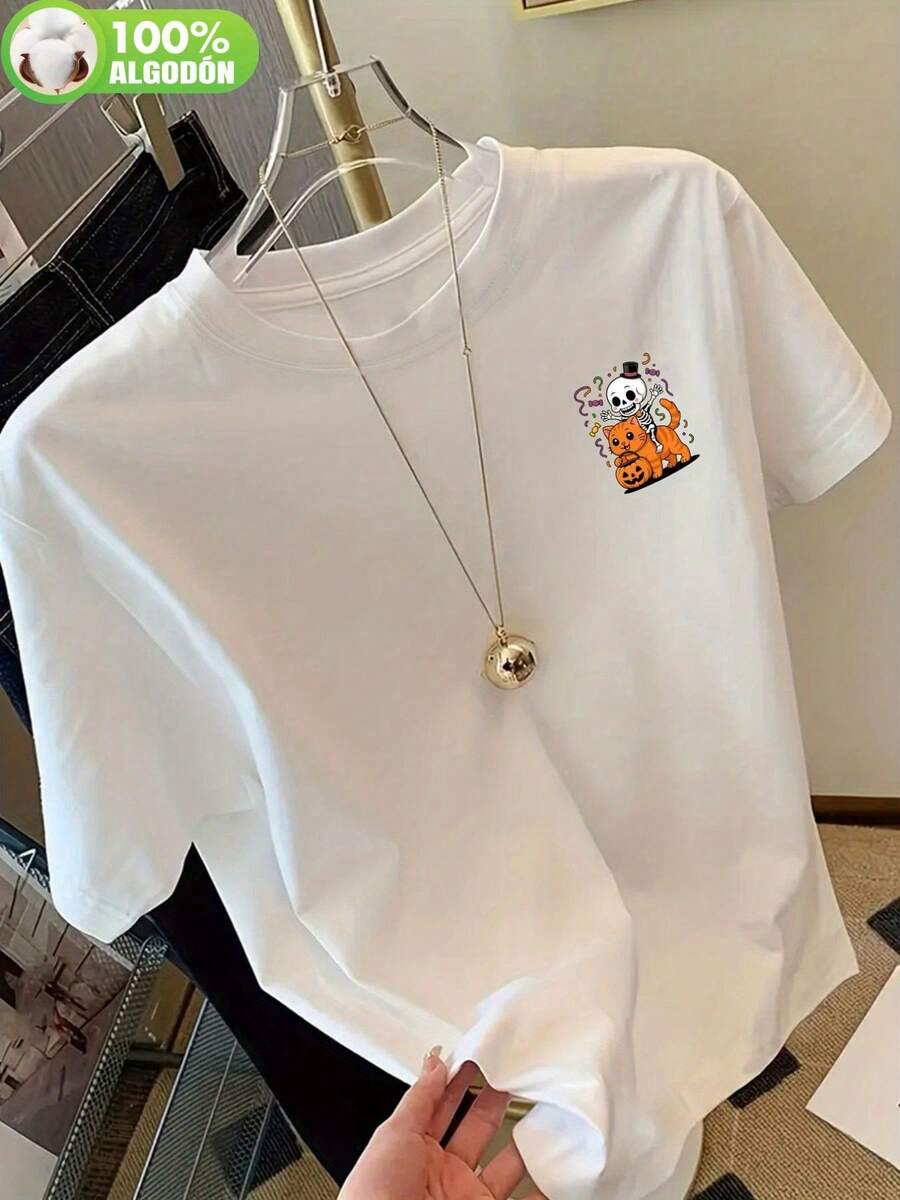 Camiseta de Mujer Estilo Gótico Mexicano Californiano con Estampado de Calavera y Calavera   Blanca con Diseño Colorido de Día de los Muertos, Manga Corta y Cuello Redondo, Top Casual para Fiesta