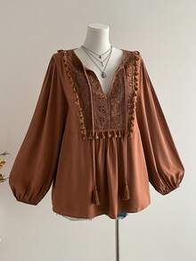 Rusttydustty Autumn/Winter Bohemian Lace Patchwork Fringe Trim Brown Long Sleeve Top, Casual Elegant Retro Blouse - Brown - View 6