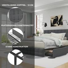 (=622122AAS) Upholstered Bed With 4 Drawers, Double Bed With Slatted Frame, Bed With Storage, Height Adjustable Headboard And Square Stitching Design, Metal Slat Support, Linen Material (140*200, Black) - 灰色+亞麻 - 查看 7