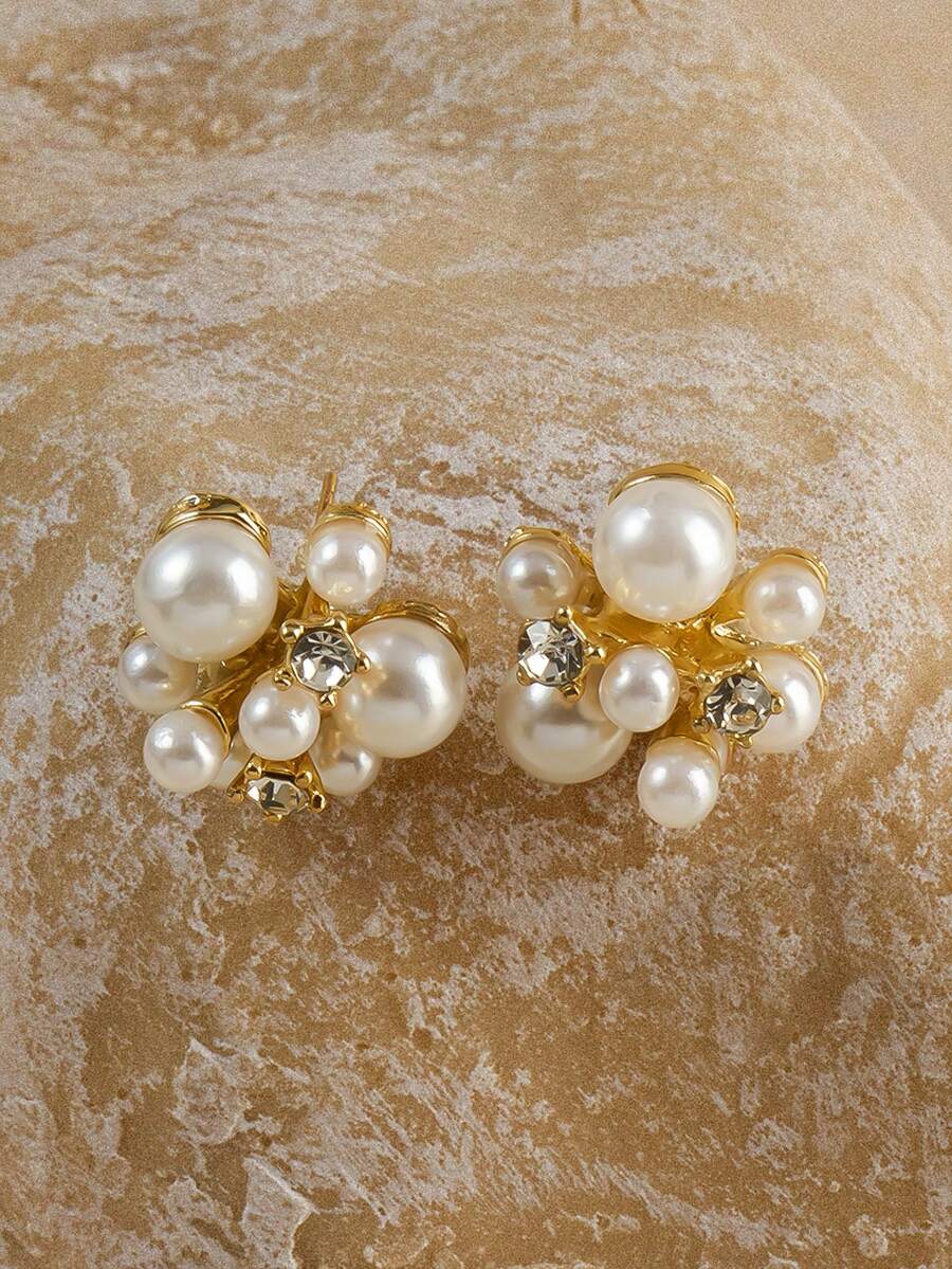 Opalesca 1 Cặp khuyên tai hoa ngọc trai thời trang mới hợp thời trang, trang sức ngọc trai cao cấp sang trọng thanh lịch dành cho phụ nữ - Vàng - Xem 1