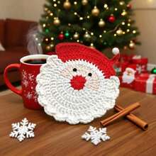 1pc/4pcs Handmade Crochet Santa Claus Coasters - Holiday Red & White Decor, Durable Fabric Drink Coasters, Christmas Table Decor, Christmas Decorations, Home Decor, Christmas Ornaments, Unique Fun Christmas Gift, Christmas Theme Party Decor, Soft Handcrafted Coasters, Great For Home, Office And Birthday Gifts