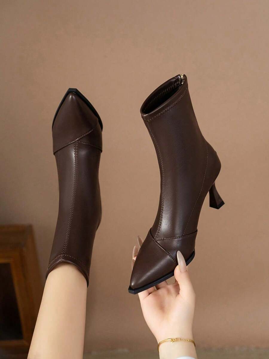 2024 New Autumn/Winter High Heel Ankle Boots For Women, Leather Upper, French Stiletto Heel Boots - Brown - View 1
