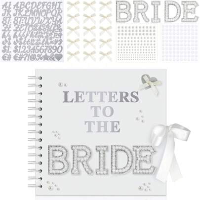 8" X 8" Modern Bride's Letter Scrapbook, Bridal Letter Scrapbook Wedding Keepsake Album, Blank Pages Bride DIY Scrapbook Guest Book With Pearl Stickers, Bows, And Metal Letter Stickers