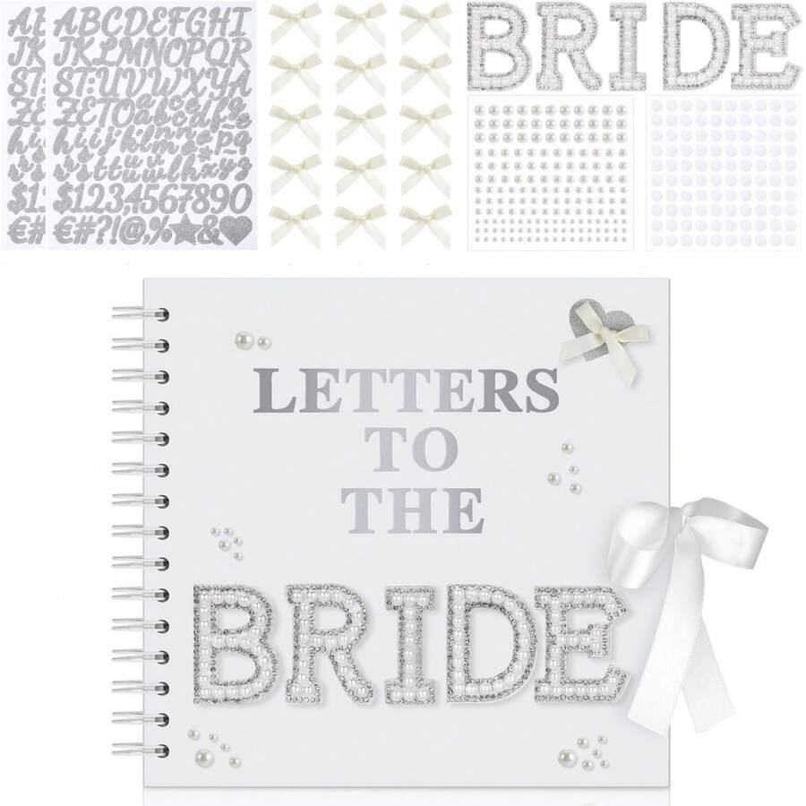 8" X 8" Modern Bride's Letter Scrapbook, Bridal Letter Scrapbook Wedding Keepsake Album, Blank Pages Bride DIY Scrapbook Guest Book With Pearl Stickers, Bows, And Metal Letter Stickers - White - View 1