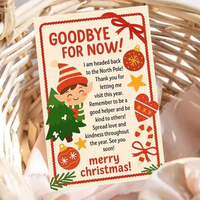 Tarjeta de despedida navideña "Hasta luego" con un cálido mensaje, que presenta a un alegre ayudante festivo con un sombrero a rayas sosteniendo un árbol navideño, con adornos rojos y bayas de acebo para deseos de despedida estacionales con un tema del Polo Norte