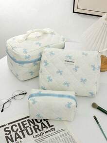 Light Blue Bow Print Large Capacity Makeup Bag, Multi-Functional Cosmetic Organizer Pouch, Wallet Style Storage Bag, Portable Makeup Brush Holder, Zipper Closure Organizer Bag For Skincare, Cosmetics, Lip Balm, Sunscreen, Hand Cream, Earphones, Coins, Stationery, Small Items, Travel Essential, Cruise Essential, Dorm Essential, Cosmetic Bag, Cosmetic Storage Box, Cosmetic Organizer, Clutch, Women's Clutch, Women's Gift, Christmas Gift, Great Gift For Her - Baby Blue - View 1