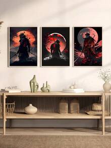 3幅神秘武士对抗红月山峦的壁画，可选画框 - 黑色 - 查看 3